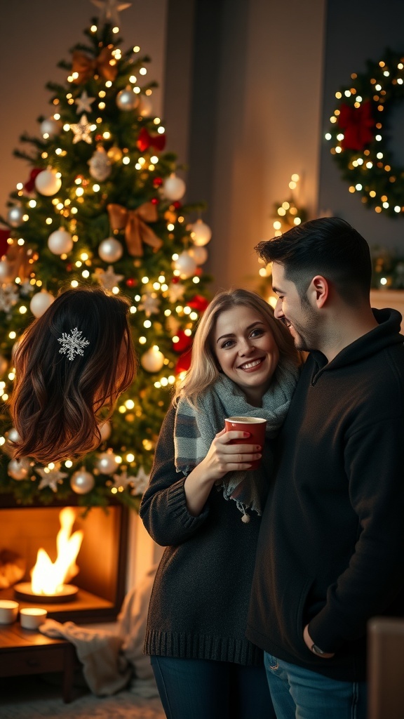 A couple enjoying a cozy Christmas moment by the fireplace with a decorated tree.